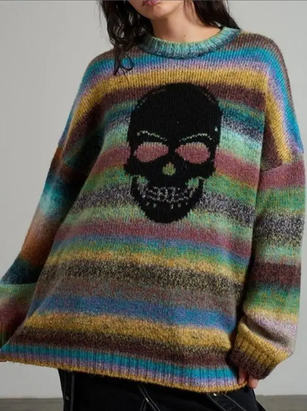 

New Autumn Winter Women's Rainbow gradient stripe Sweater Design Loose Skull Print Knitted Sweater Pullover 2023 w849