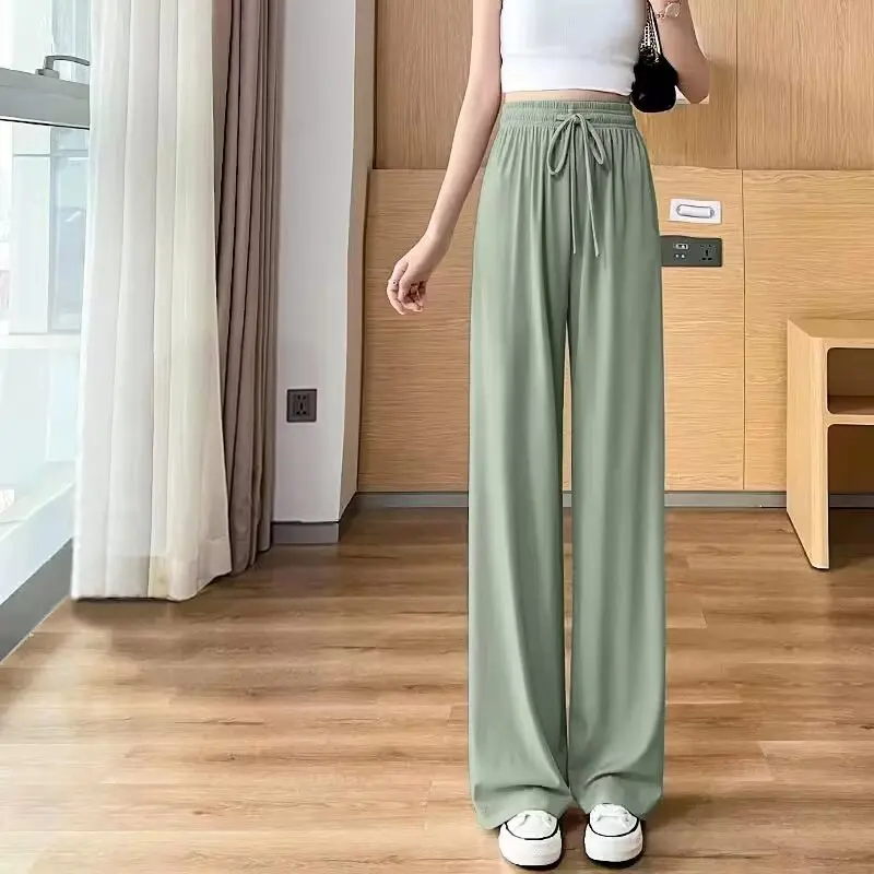 

Summer thin ice silk wide leg pants for women with small stature, high waist, and a drooping straight tube sun protection pants