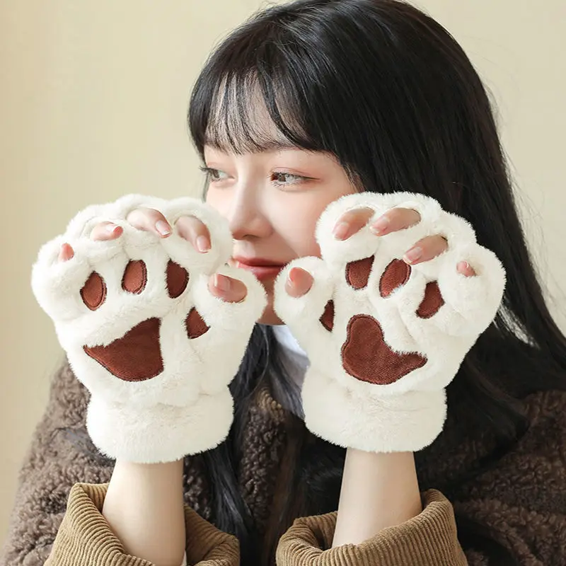 

Furry Cat Paws Gloves Woman Winter Gloves Half Finger Plush Thermal Gloves Short Hand Warmer Mitten Gloves Girl Furry Paws Glove