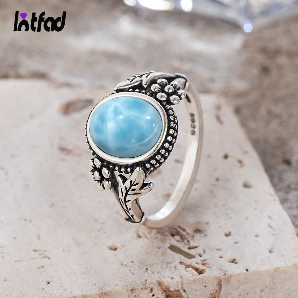 Vintage 925 Silver Ring With Natural Oval 8X10MM Larimar Stone Certified Rings With Plants Bohemian Flower Rings For Women 1