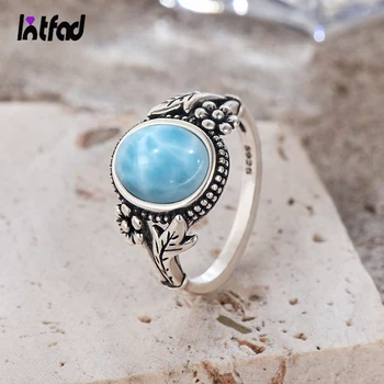 Vintage 925 Silver Ring With Natural Oval 8X10MM Larimar Stone Certified Rings With Plants Bohemian Flower Rings For Women 1