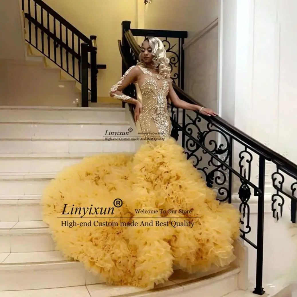 

Gold Diamonds Mermaid Prom Dress Sparkly Beads Crystal Rhinestones Sheer Neck Ruffles Wedding Birthday Party Gowns Robe De Bal