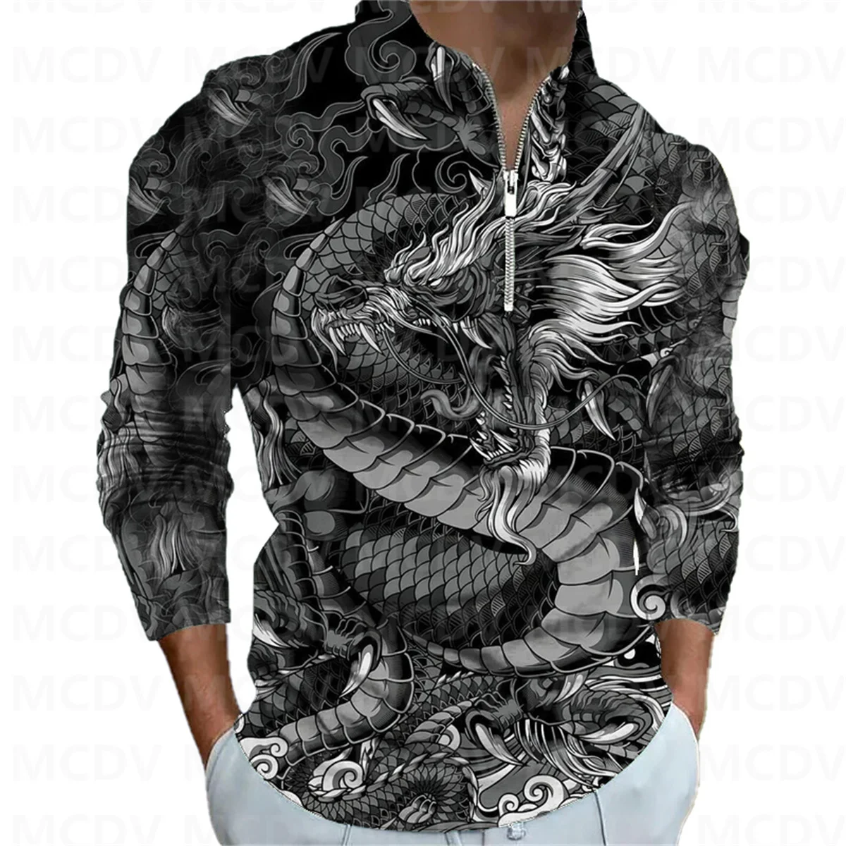 

2023 New Men's Long Sleeve Zipper Polo Shirt Dragon 3D Printed Polo Long Sleeve T Shirt Casual Tops
