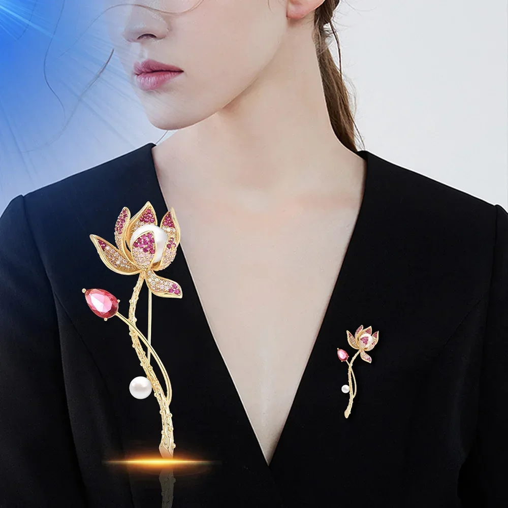 Lotus Fun Cooper Silver Natural Quartz Handmade Fine Jewelry Flower in the Rain Design Brooches Pin Broche For Women