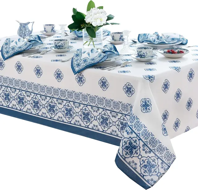 Nappe à motif bleu verger citron, en Polyester, imperméable, essuyable, pour intérieur et extérieur, vacances, salle à manger, fête, mariage, décoration 6