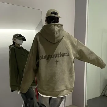 무거운 두꺼운 루즈 후드 모조 스웨이드 풀오버, 미국 레트로 트렌디 브랜드 재킷, 남녀 커플 맨투맨, 가을