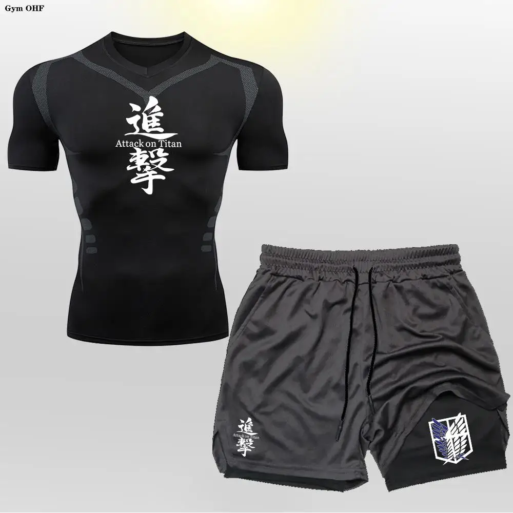 Anime Attack On 2 in 1 Male Quick Dry Sportswear Compression T-Shirt Shorts Men's Running Sports Suit MMA Rashgard Summer Beach 3