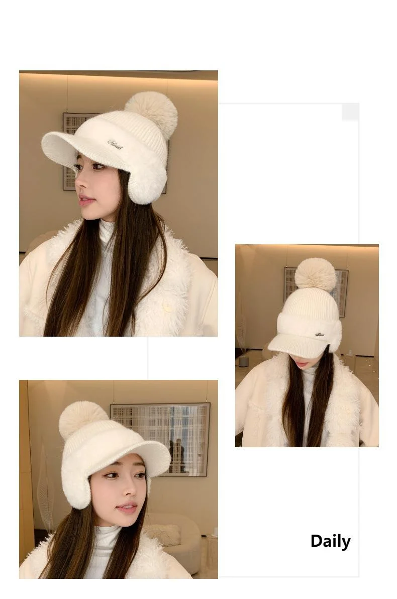 Nuovo berretto da baseball invernale in pelliccia di visone con protezione per le orecchie in pelliccia di coniglio per le donne, moda coreana, tinta unita, semplice cappello lavorato a maglia con palline di lana_voghion.com