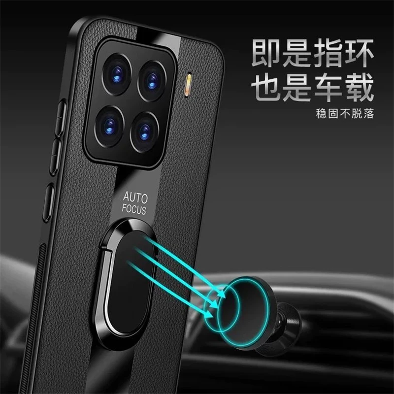 Luxury Leather Magnetic Case with Ring Holder and Shockproof Silicone Bumper