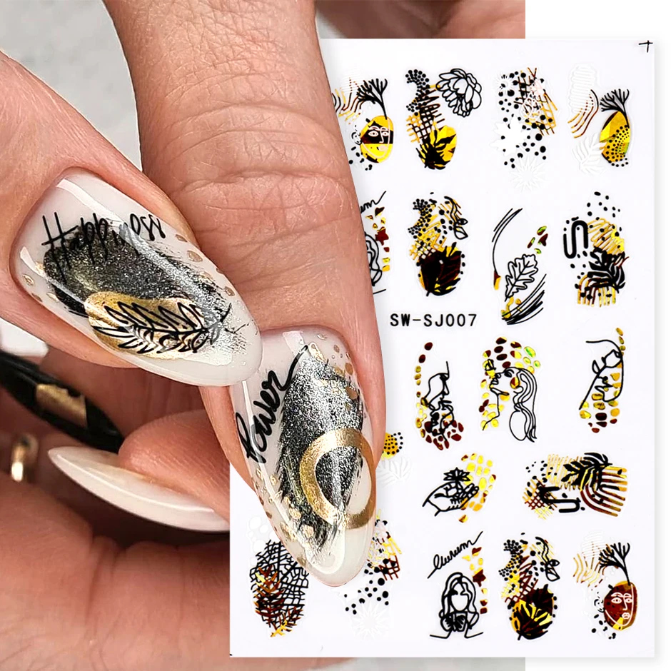 Abstract Black Gold Snake Nail Art Stickers 3D Laser Geometry Flowers  Leaves Design Decals Holographic Wraps Decoration LYSW-SJ