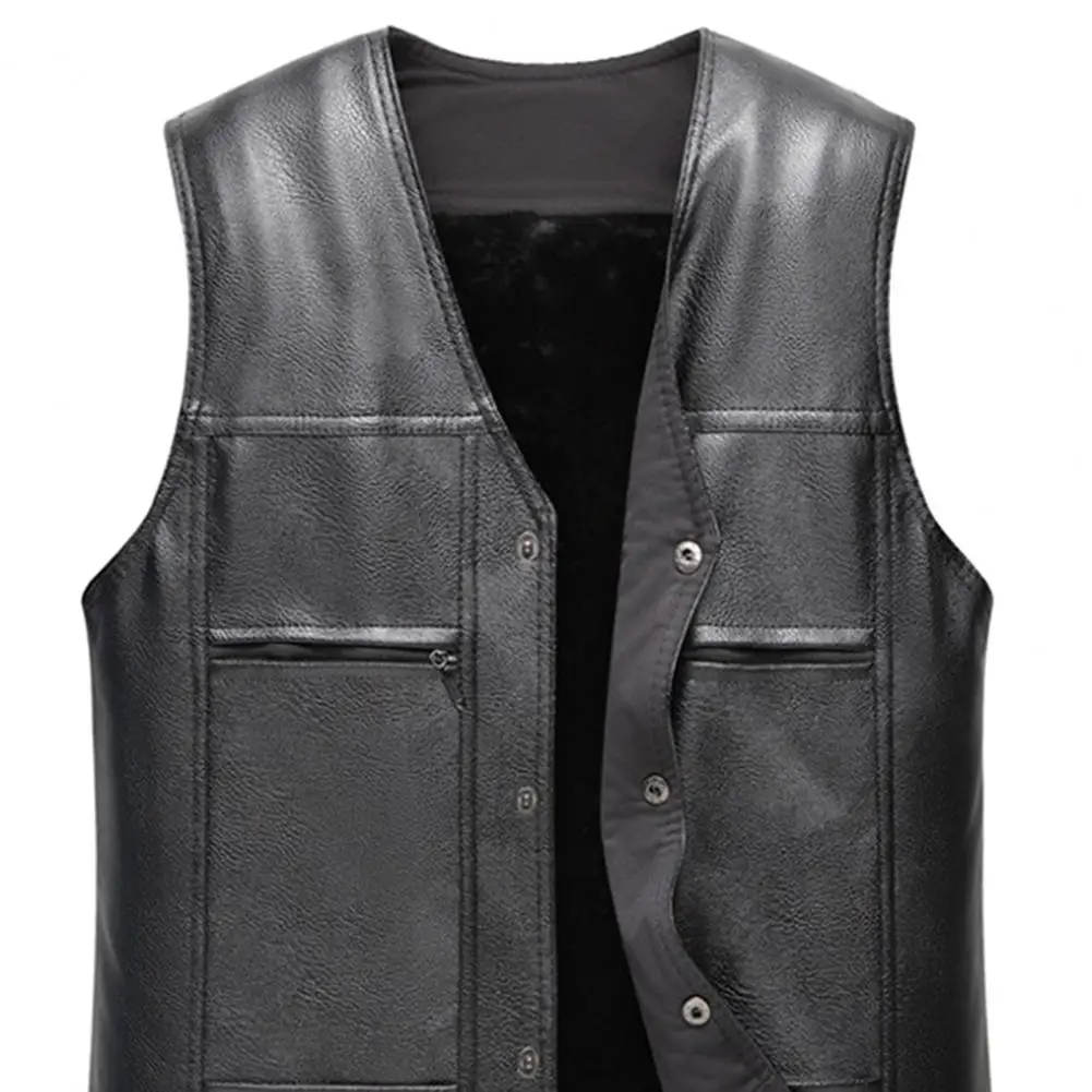 Description Picture 3 of itemMen Sleeveless Vest Stylish Men's Faux Leather Motorcycle Vest for Autumn Winter Single Breasted V-neck Sleeveless for Men