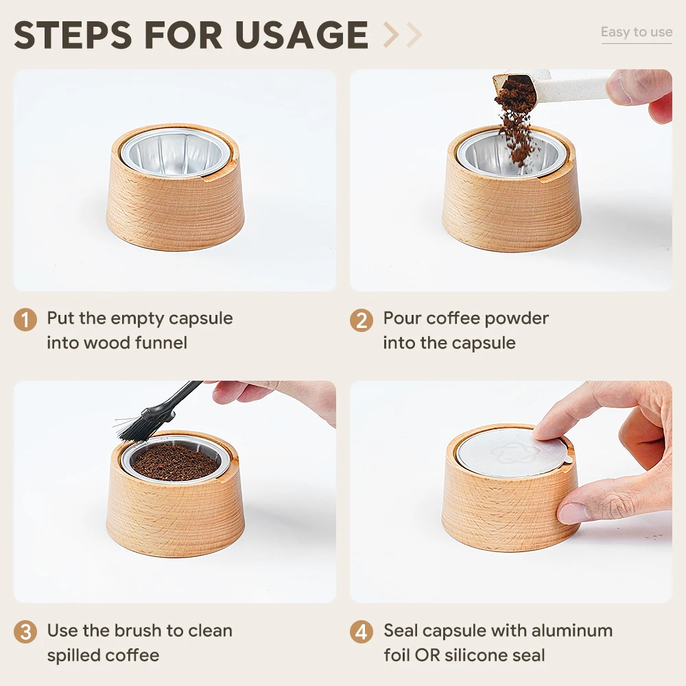 Für Nespresso Vertuo Kapseln Aluminiumfolie-Versiegelungsdeckel-Set Kaffee-Zubehör Wiederverwendbare Holz-Kapsel-Füllvorrichtung – Detail 9