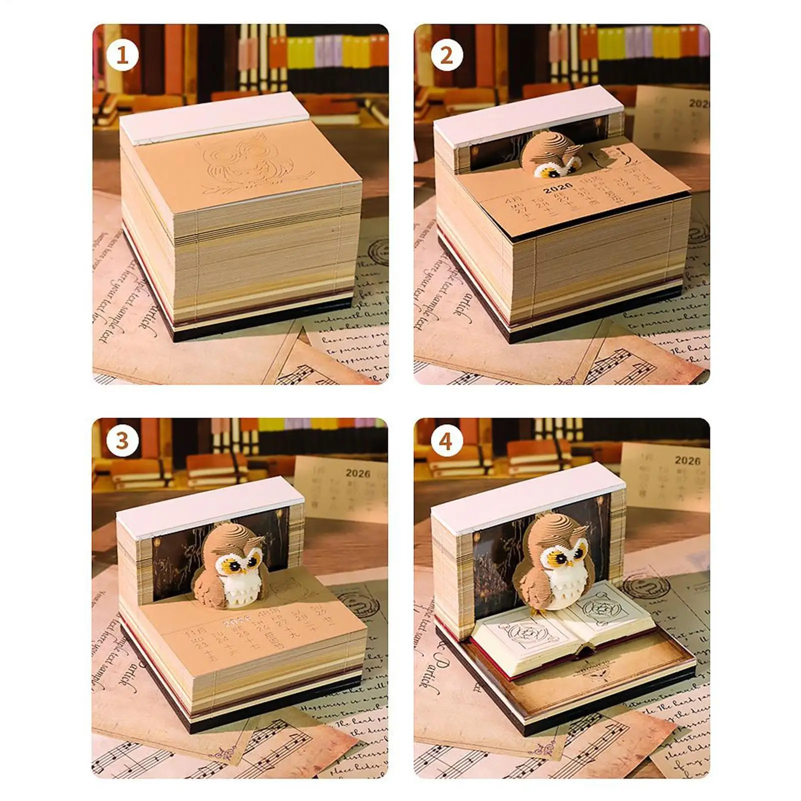 3D Time Piece Calendar 2026 3D Calendar Paper Carving Art Memo Pad Notepad Owl-Shaped Tear Away Carving Time Piece Notepad