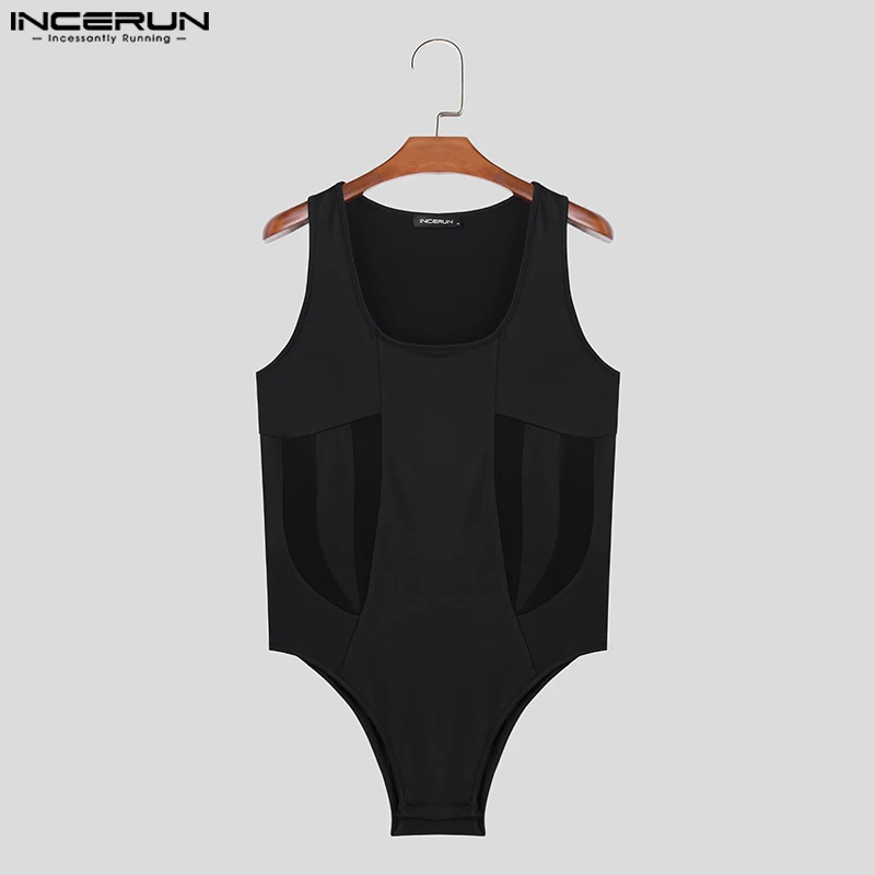 Men Bodysuits Men Bodysuits Mesh Patchwork Sexy Sleeveless Fashion Rompers Men Streetwear Transparent Skinny Male Bodysuit S-5XL INCERUN