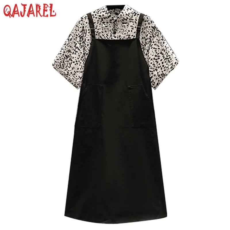 

Женский винтажный комплект из двух предметов, белая шифоновая рубашка-поло с принтом и черная юбка на бретельках, элегантный повседневный костюм в Корейском стиле, 2024