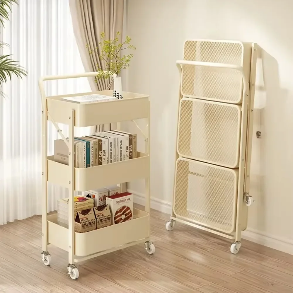 Folding Storage Trolley Rack Kitchen Bathroom 3 Storey Snacks Shelving Bedroom Mobile Trolley Storage Rack Organizer Carts