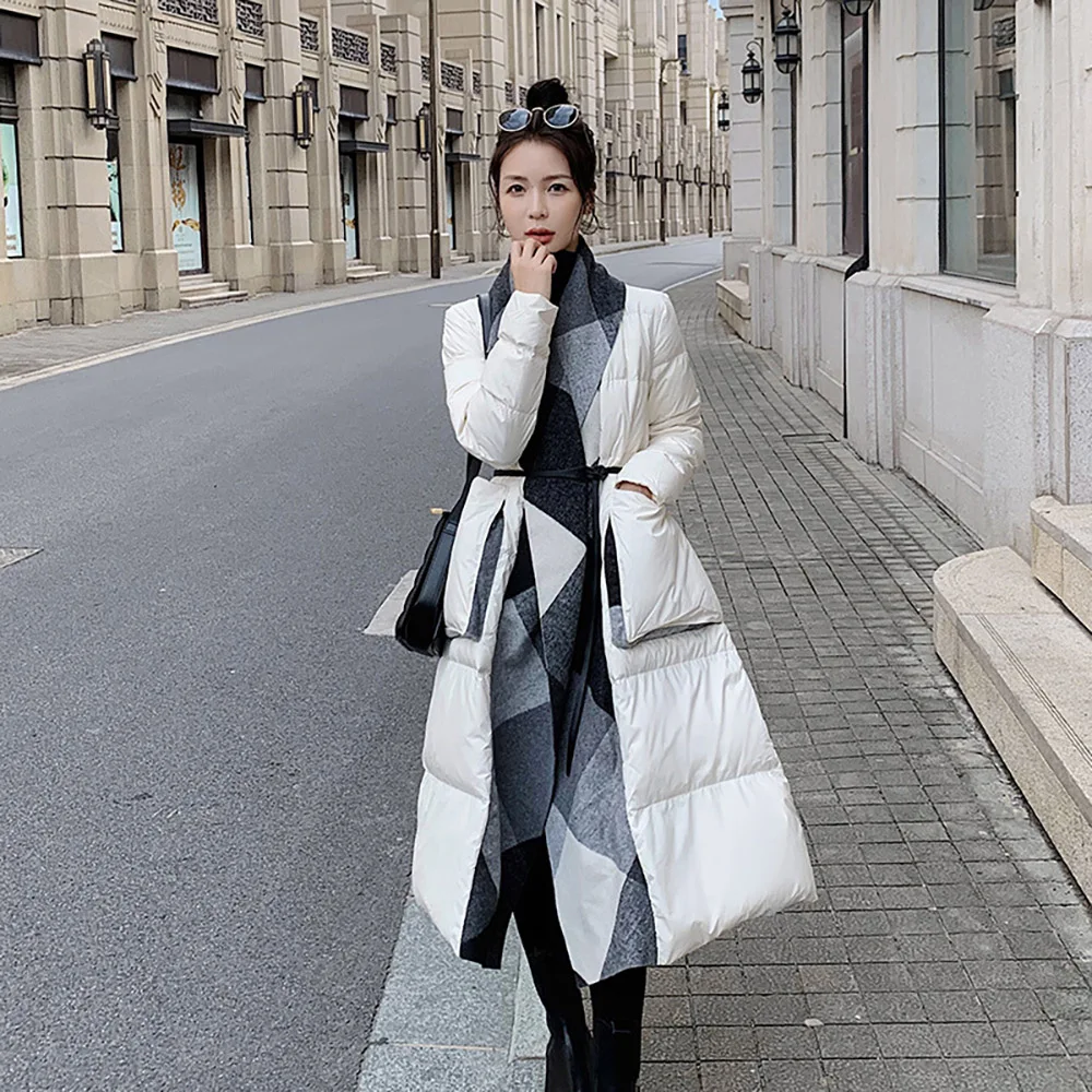 

Fashion Long Down Jackets for Women Winter Korean Style Patchwork Lace-Up Coats Elegant Ladies Thick Warm Overcoats
