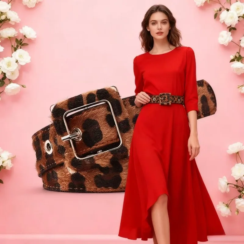 Boho Faux Leopard Print PU Belt - Adjustable Slim Waist Definition for Dresses & Bohemian Outfits, Vegan Leather Strap