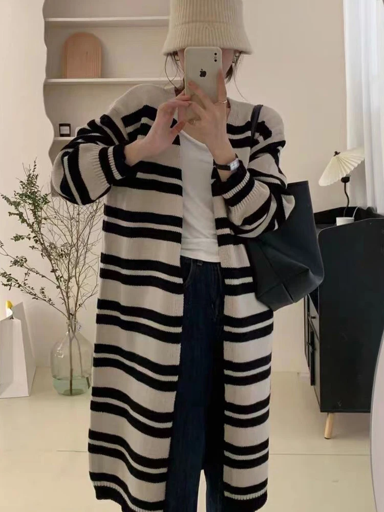 

Женский винтажный кардиган в полоску, длинный трикотажный контрастный Кардиган с длинным рукавом, Осень-зима