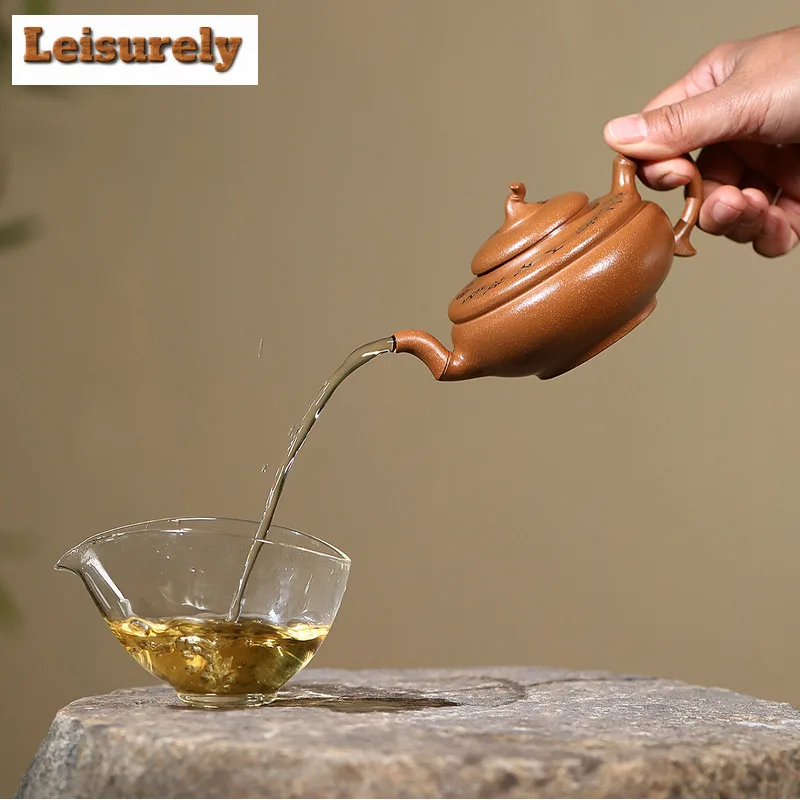 220ml Yixing Purple Clay Teapots Handmade Flat Bamboo Drum Pot Raw Ore Gold Section Mud Tea Making Kettle With Infuser Zisha Tea