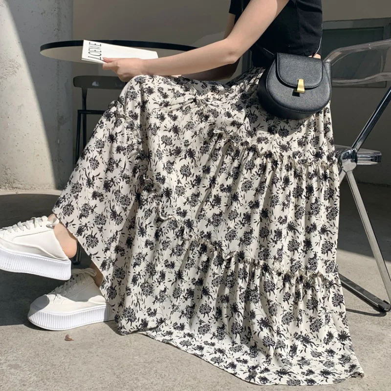 

Women Floral Beach Bohemian Maxi Skirt Women French Style Large Hem Chiffon High Elastic Waist Boho Long Skirts Femme Summer