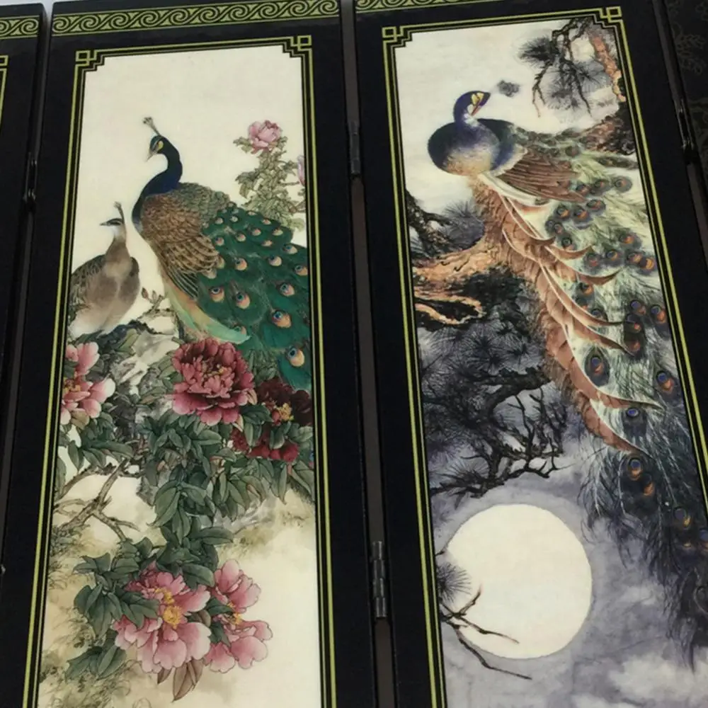 6-Panel Peacock Screen Folding Wooden Room Divider Partition Gift Desktop Decor