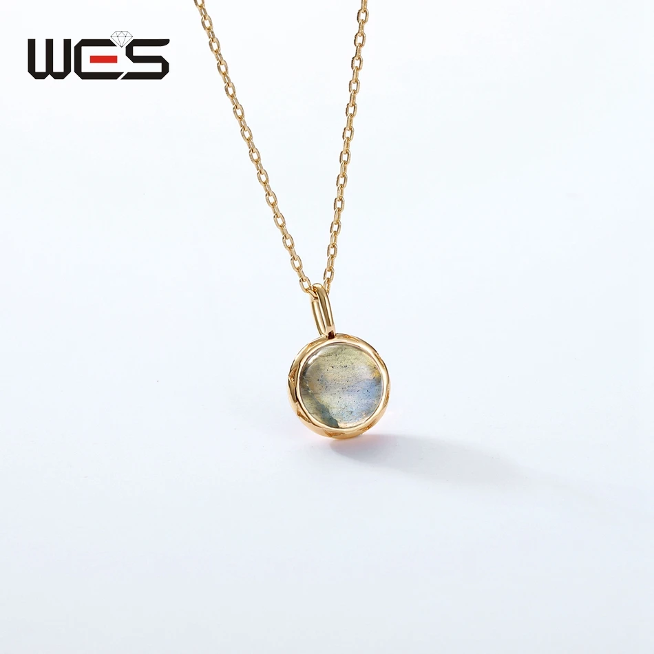 WES 925 Sterling Silver Single Stone Labradorite Pendant Necklace for Women Gold Plated Fine Jewelry Engagement Band