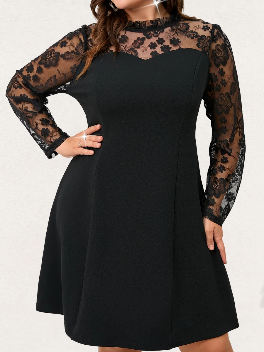 

Finjani Plus Size Dress Sexy Lace Sleeve Dress Women Clothing Casual Black 2023 Summer New Dresses