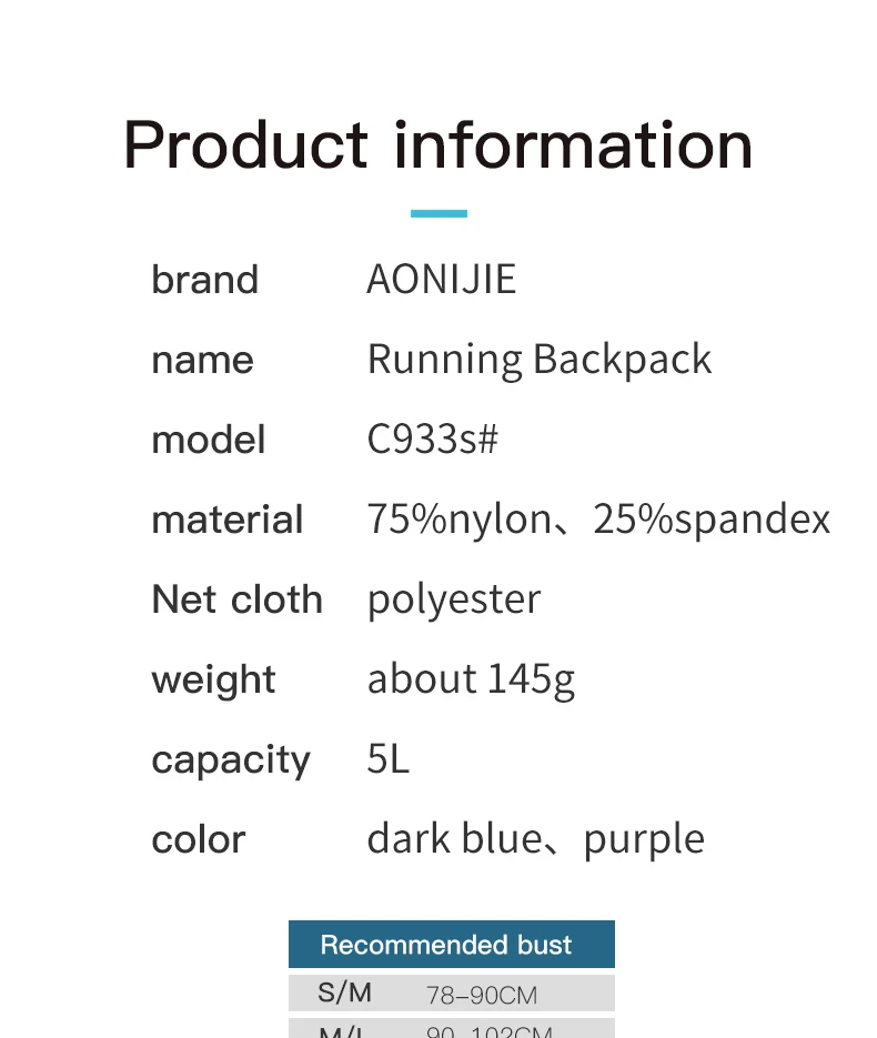 AONIJIE Dark Blue C933S 500ML 600ML Outdoor Sports 5L Backpack Hydration Pack Rucksack Bag Vest Harness for Marathon Running 2L