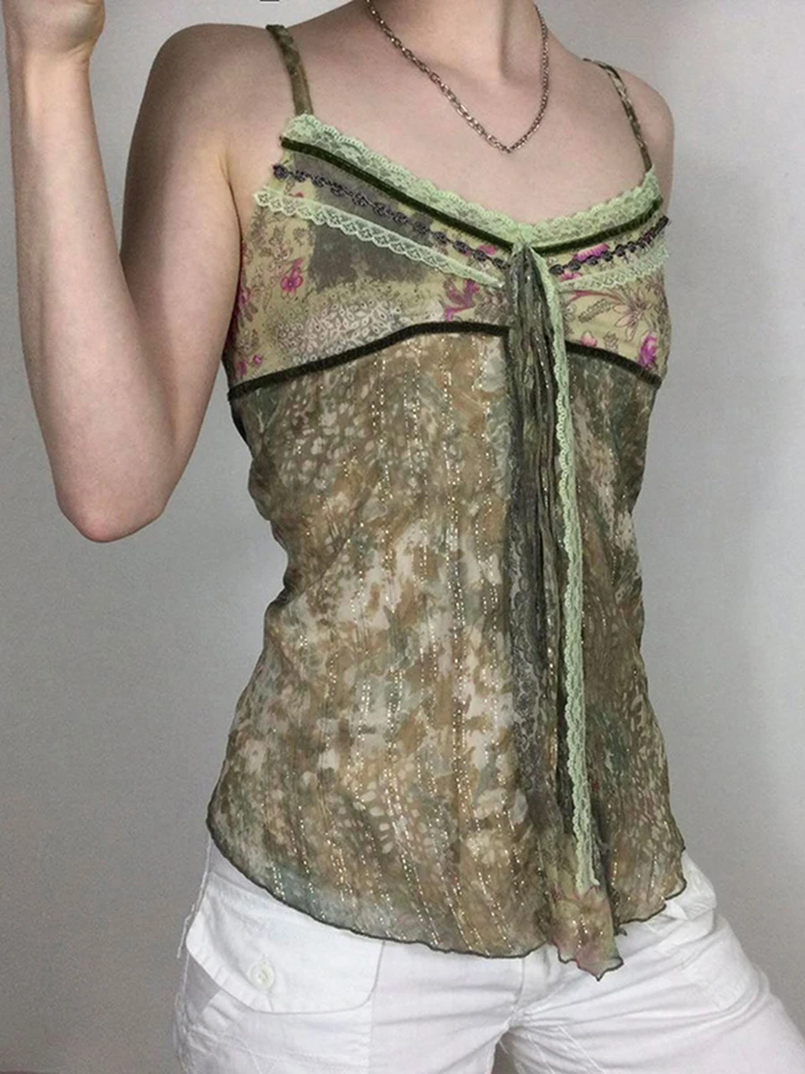 

Women s Floral Print Lace Patchwork V-neck Sleeveless Tie-up Summer Blouse Elegant Camisole