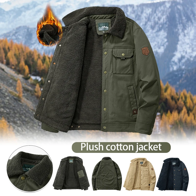 Men's Lapel Thicken Plush Jacket Pilot Military Jacket Button Embroidered Coat Oversized Casual Army Bomber Tactical Jackets