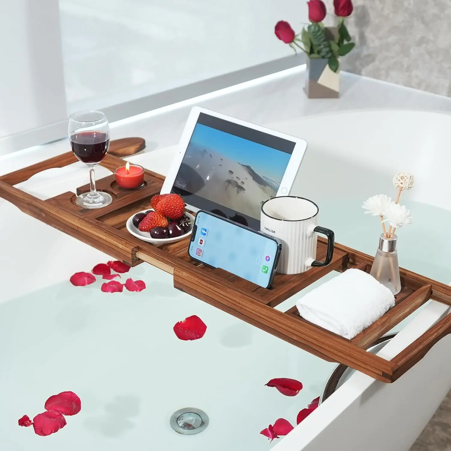 Teak Bathtub Tray, Expandable Wooden Bath Tray for Tub with Wine and Book Holder, Solid Bathroom Caddy with Free Teak