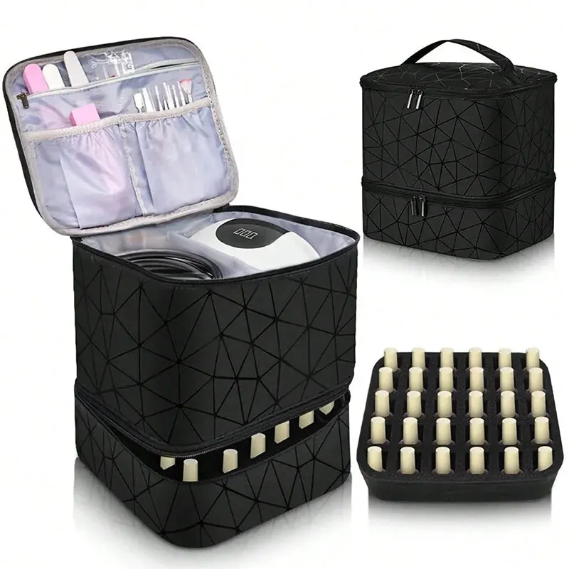 PU Leather Double Layer Nail Polish Carrying Case Bag Holds 30 Bottles and 1 Nail Lamp Nail Kit Organizer Nail Dryer Case