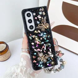 Full Diamond Glitter Shockproof Case with 3D Colorful Gem Butterfly and Strap - Galaxy Z Fold4 (Black)