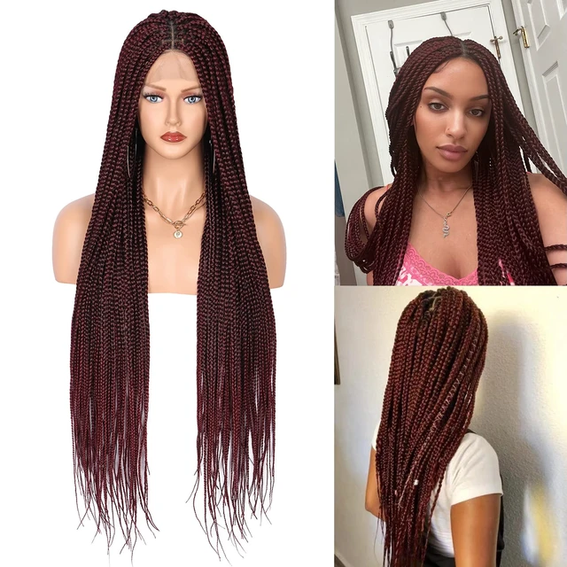 Free Part Burgundy Braid Africa Braided Full Lace Front Wigs For Black  Women 99j Wine 32 Inches Box Braided Wigs With Baby Hair - Custom Lace Wigs  - AliExpress