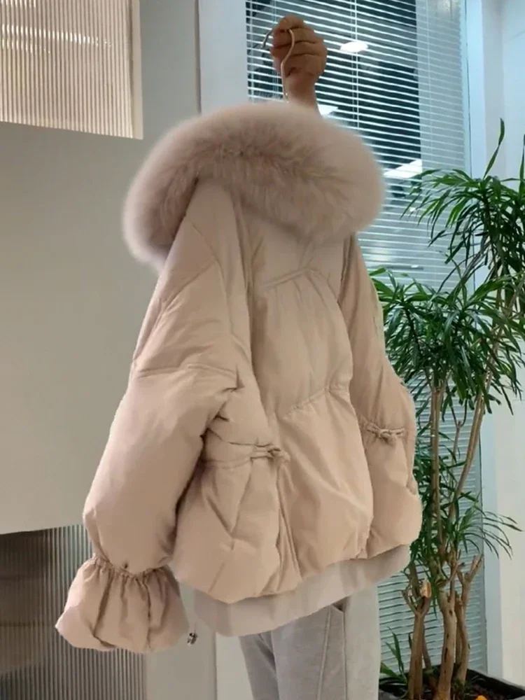 Fashion High-End Retro Solid Color Long Sleeve Women's Down Coat Autumn Winter Sweet Commuter Fur Collar Short Down Jacket Coat