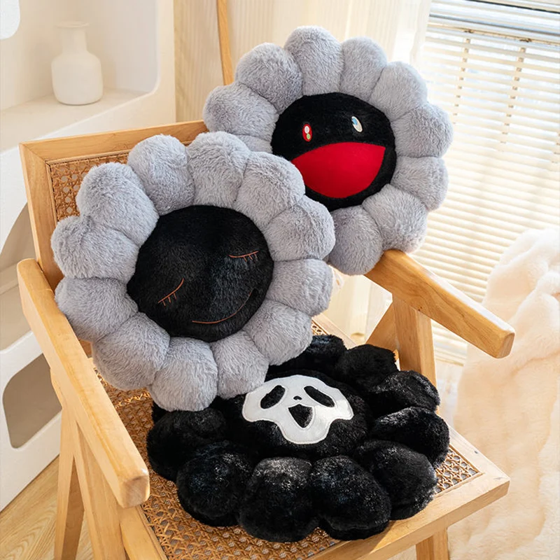 40x40cm Darkness Grey Black Sunflower Seat Cushion Evil Skeleton Round Flower Plant Plush Pillow Indoor Floor Sofa Decor Gift 3