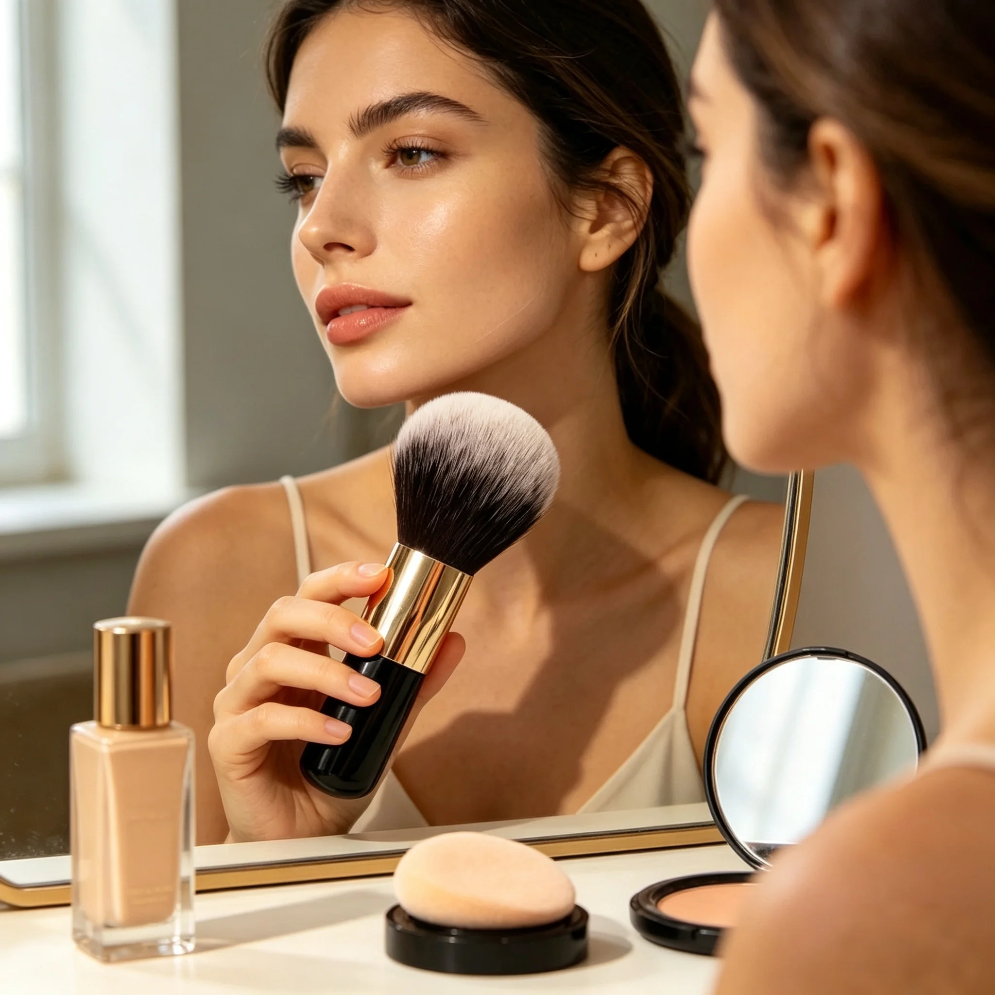 1 Pennello Grande per il Viso con Setole Morbide, Strumento Cosmetico per l'Applicazione di Fondotinta, Cipria e Blush - immagine 4