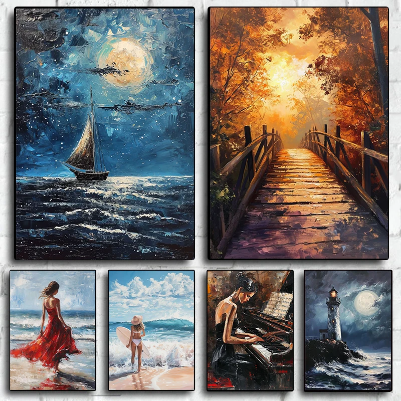 Oil Painting Poster Landscape surfing Beautiful Piano Canvas printing wall art decoration hanging paintings Home room decoration