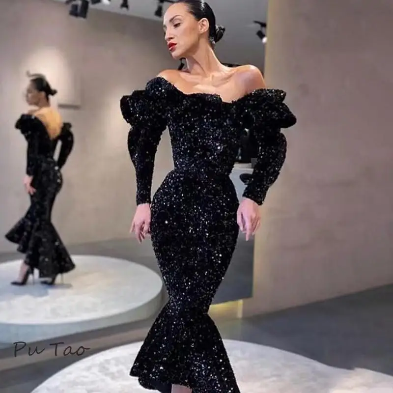 

PuTAO Women'S Evening Dress Sexy Black Sequins Ruffled Strapless Fishtail Long Dress Fashion Designer Design Party Dinner Dress