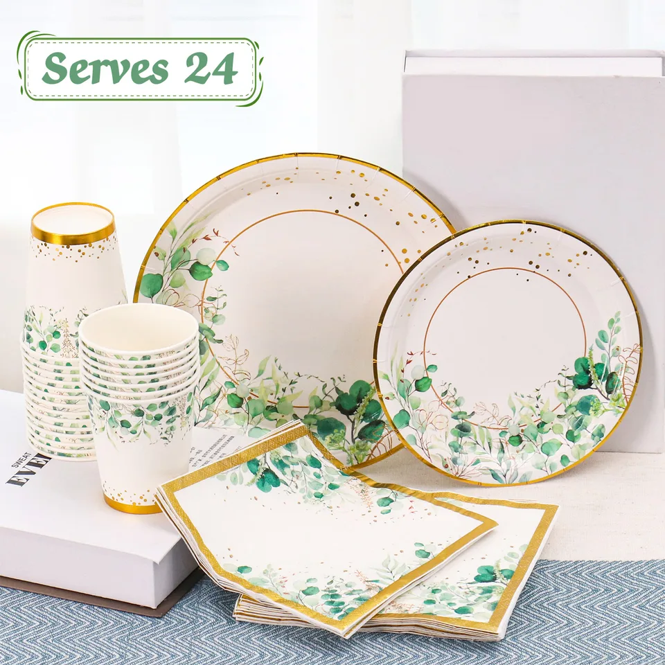 Set Stoviglie Per Feste Verde Salvia – 96 Pezzi: Piatti Grandi, Piccoli, Bicchieri E Tovaglioli, Eleganti Con Pois Oro