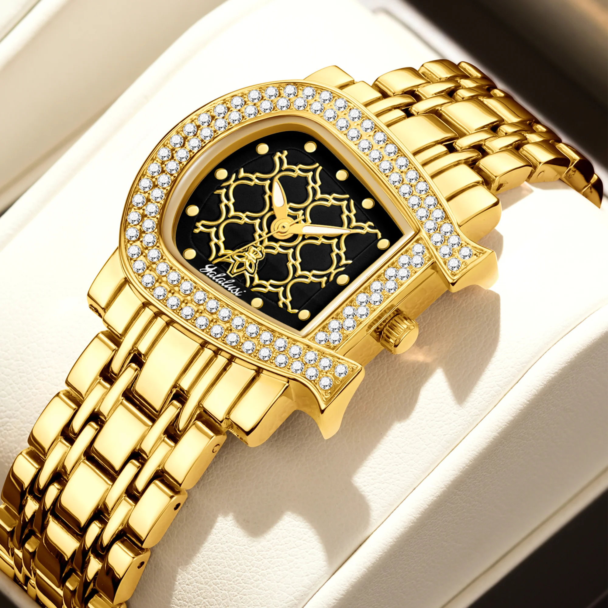 

Лидер продаж 2024, новые женские часы YaLaLu, черный циферблат, золото, бриллианты, роскошная коробка, ремешок для часов, ионное покрытие золотом