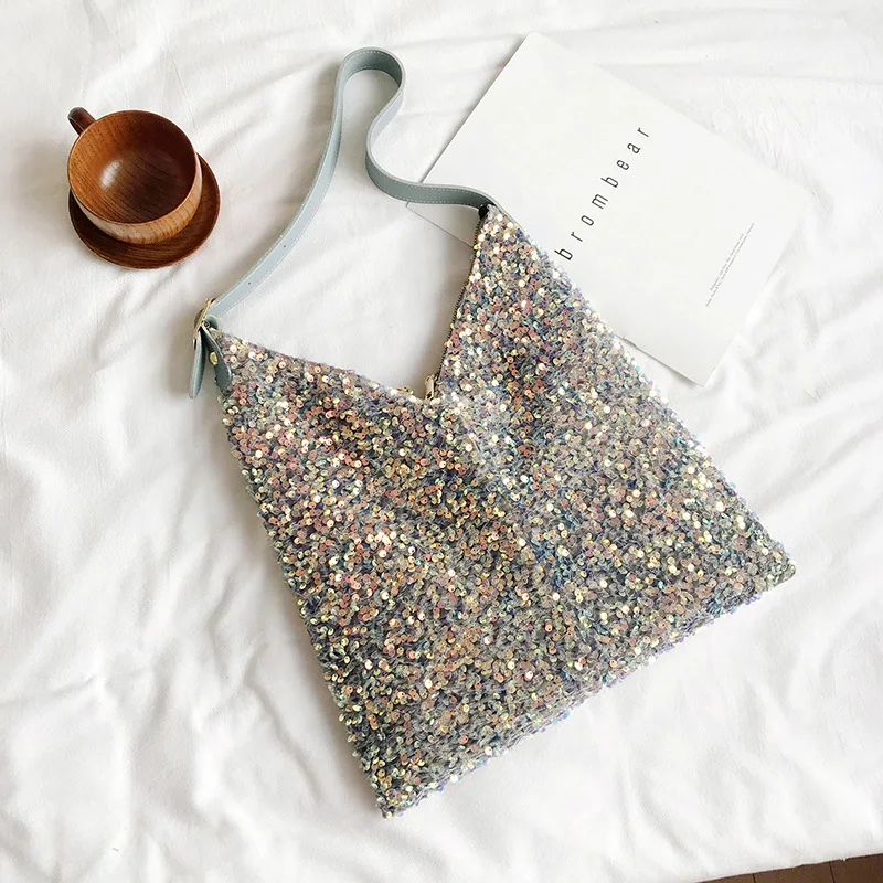 Sac ?? Main ?? Paillettes En Argent Brillant, Fourre-tout ?? ??paule En Diamant Souple De Styliste 