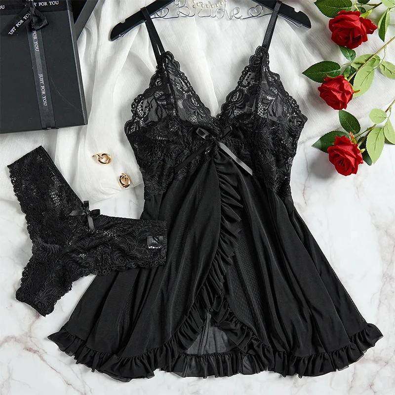 2-teiliges Spitzen-Nachthemd für Damen, tiefer V-Ausschnitt, BH, Höschen-Set, transparente Unterwäsche, solide, schlanke, weiche, geteilte Nachthemd, sexy Dessous-Sets – Detail 10