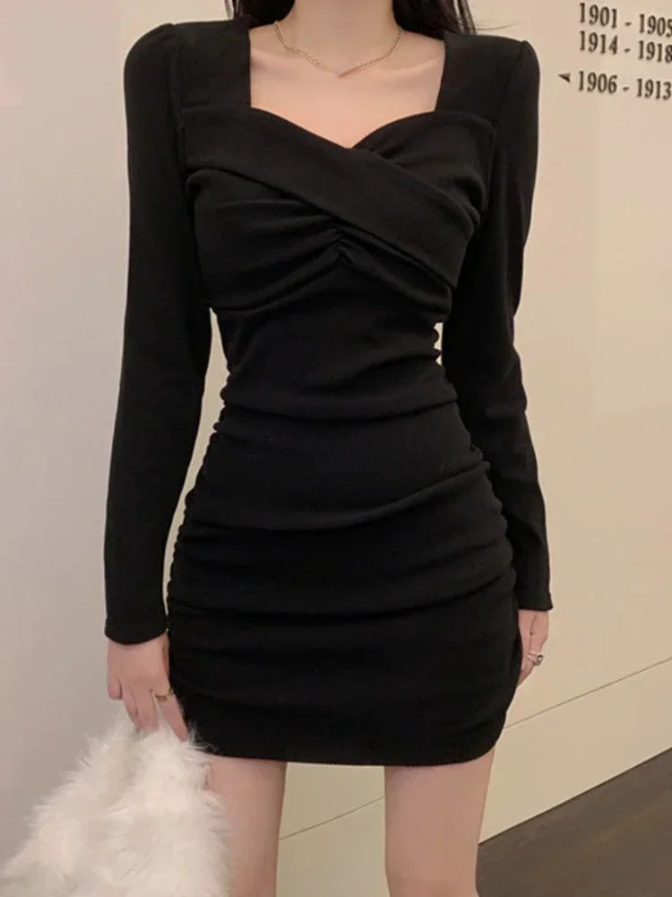 QWEEK Autumn Black Bodycon Dress for Women 2022 Vintage Casual Wrap Evening Party Dresses Office Ladies