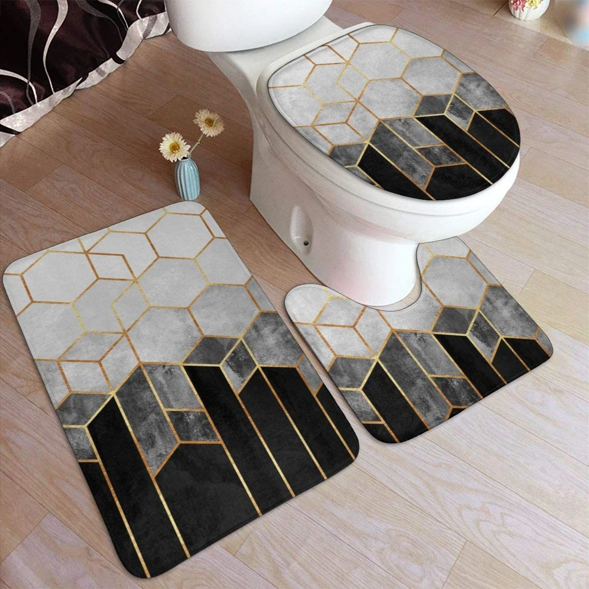 Charcoal Hexagons Comfort Flannel Bathroom Rug Mats Set 3 Piece Soft Non  Slip Bath Mat Contour Rug Toilet Lid Cover Absorbent| | - AliExpress