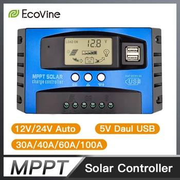 Regolatore di Carica Solare MPPT 12V 24V per Pannelli Solari e Batterie 30A 40A 50A 60A 100A con Doppia USB e Display LCD, con Funzione di Carico