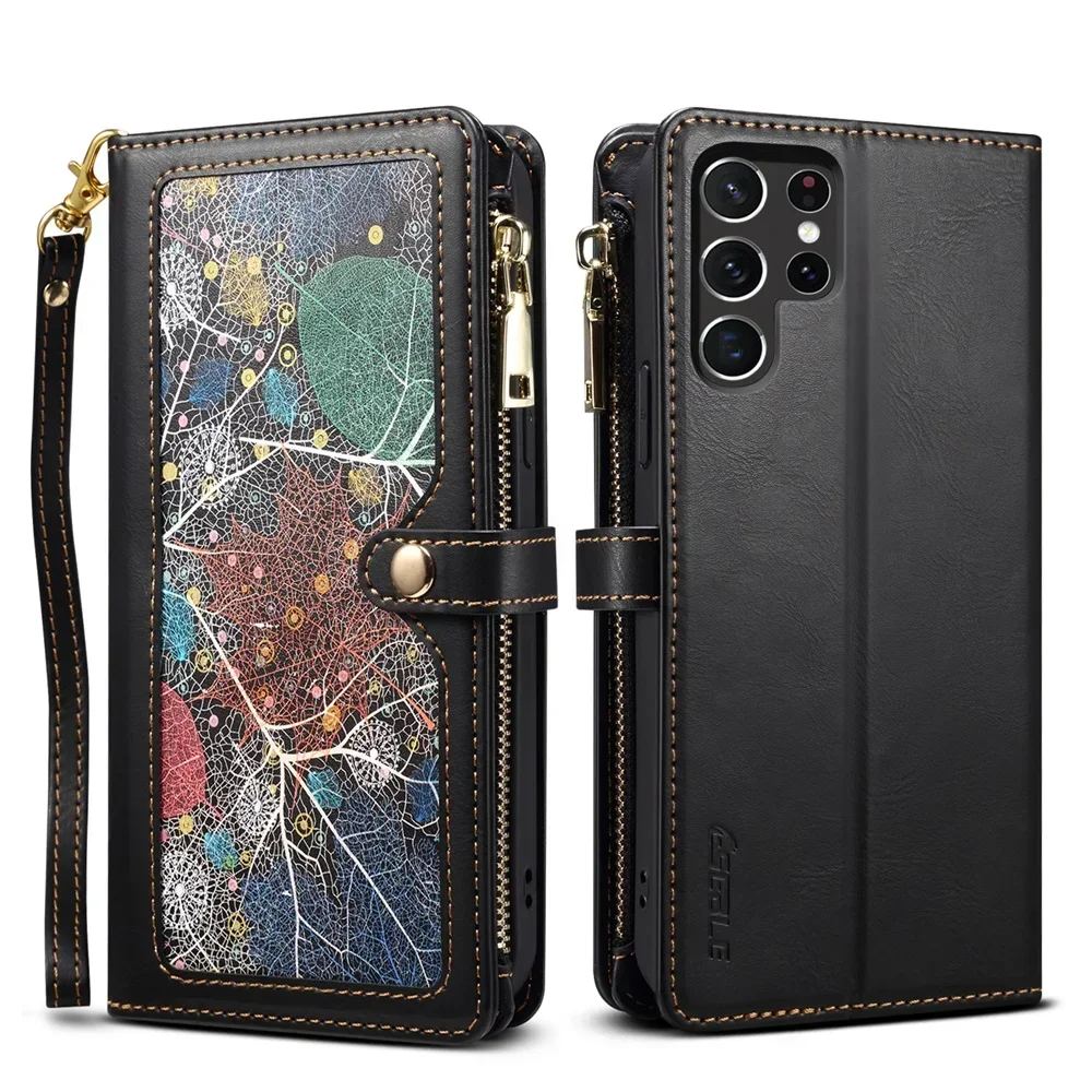 Crossbody Zipper Wallet Case with Card Holder and Lanyard Attachment in Leather