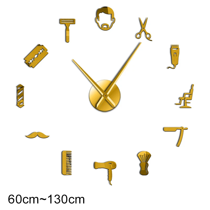 Barber Shop Giant DIY Wall Clock Modern Design Barbershop Decoration 3D DIY Wall Mirror sticker Hair Stylist Hairdresser Gift 