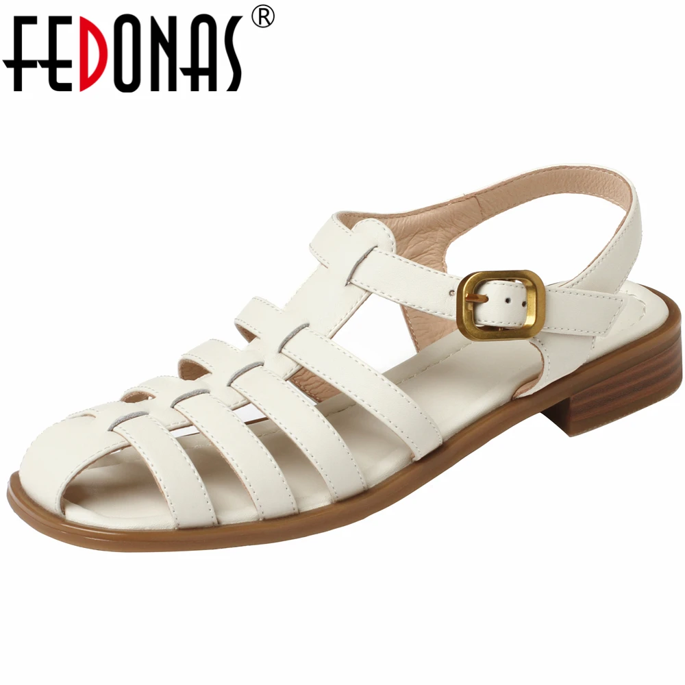 

FEDONAS Rome Style Women Genuine Leather Sandals Low Heels Ankle Strap Summer Comfort Casual Shoes Woman Pumps Shoes
